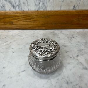 Antique Crystal Vanity Jar With Sterling Silver Repoussé Lid
